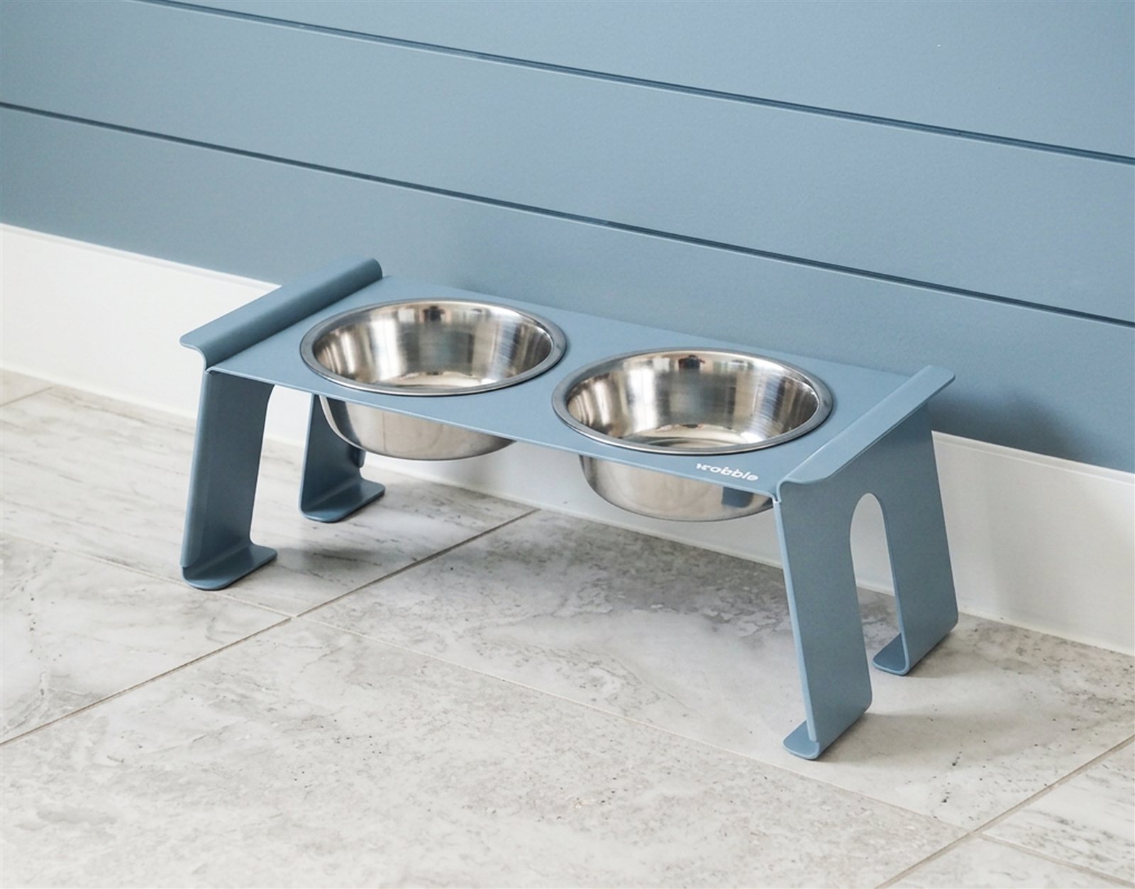 The Ocean Blue Perch elevated feeder in a modern kitchen